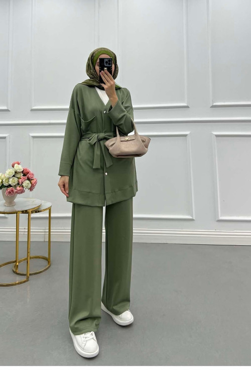 Sare Fashion Oysh Belted Suit Green with Pocket Detail