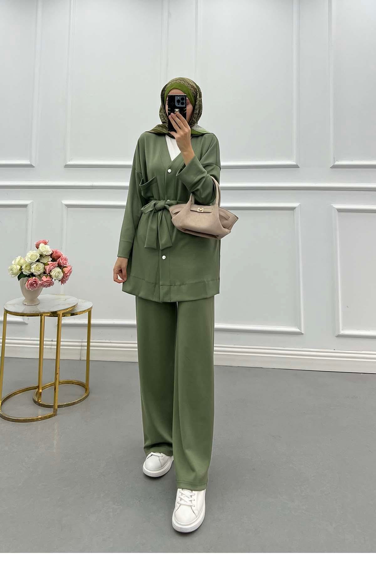 Sare Fashion Oysh Belted Suit Green with Pocket Detail Sare Fashion Oysh Belted Suit Green with Pocket Detail