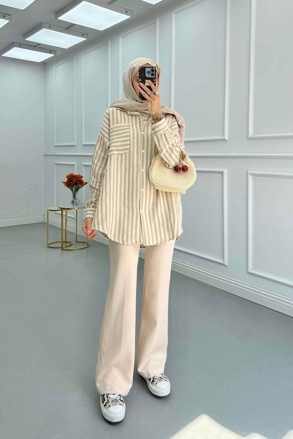 Sare Fashion Striped Muslin Shirt with Pocket Detail Beige