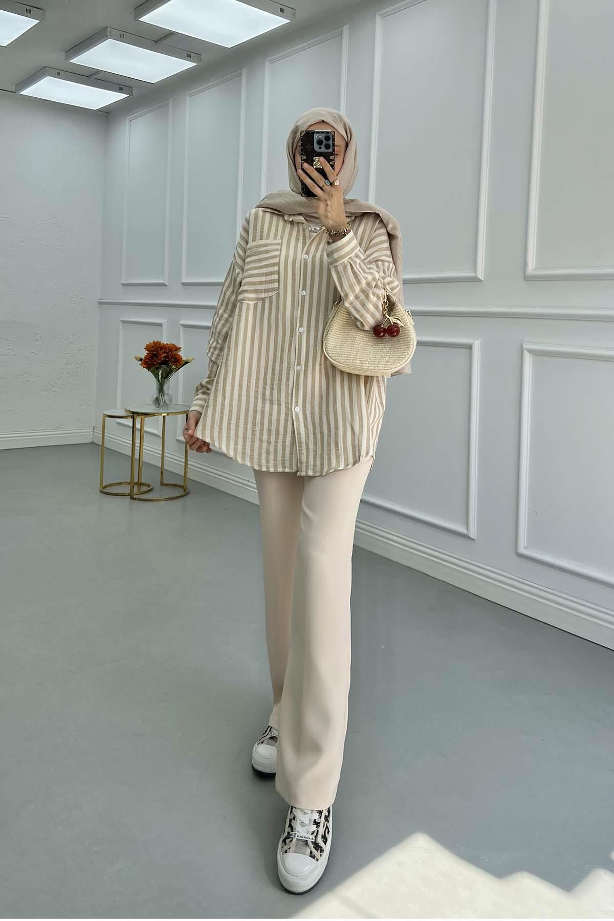 Sare Fashion Striped Muslin Shirt with Pocket Detail Beige