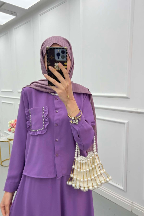 Sare Fashion Pocket Detailed Skirt Suit Lilac