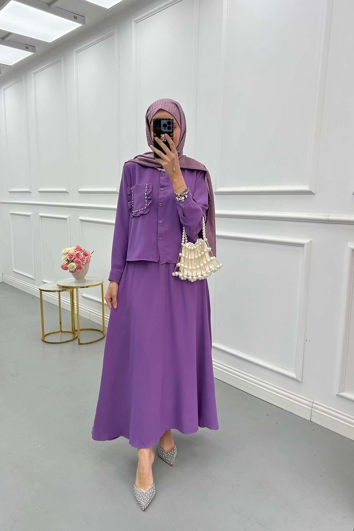 Sare Fashion Pocket Detailed Skirt Suit Lilac