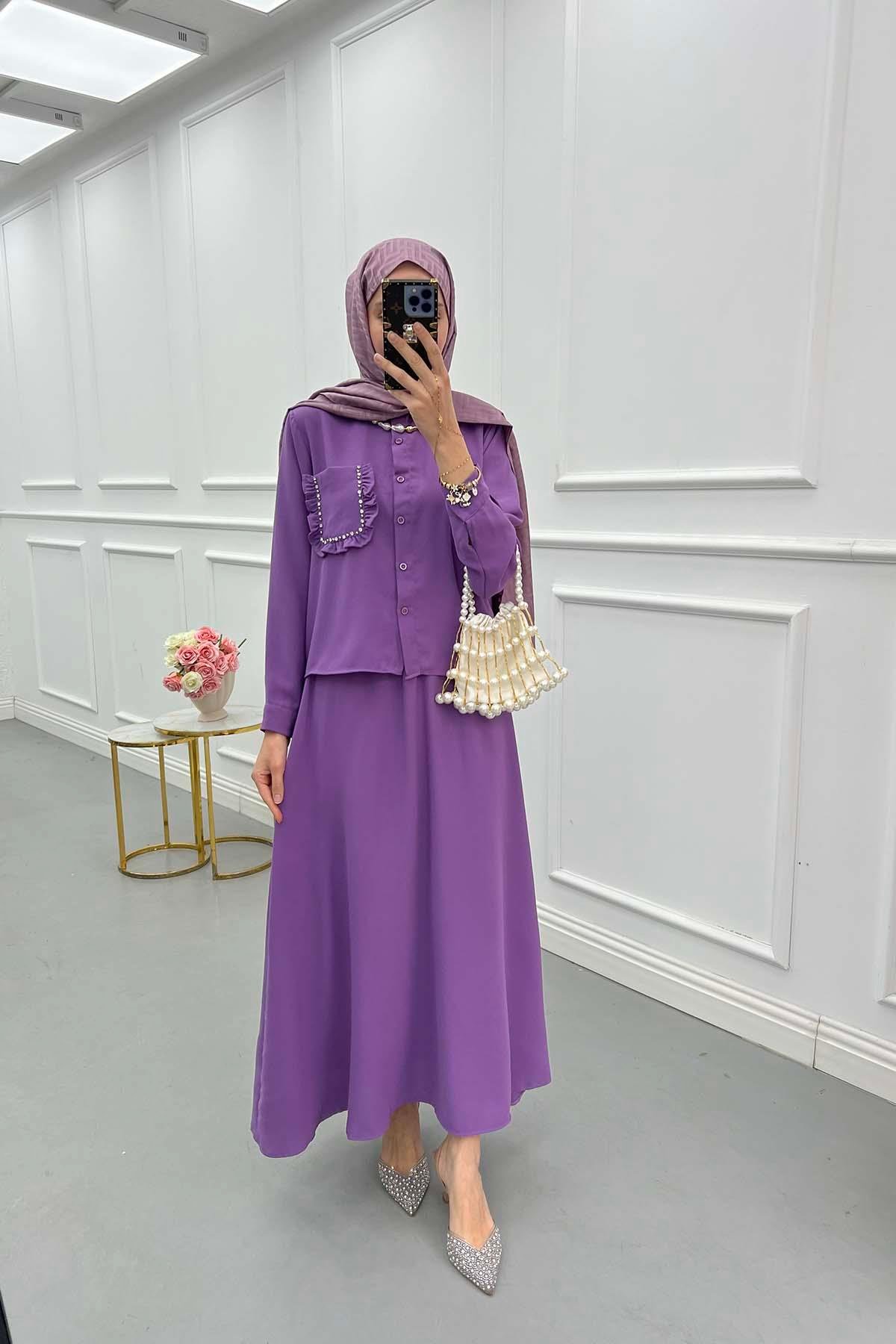 Sare Fashion Pocket Detailed Skirt Suit Lilac