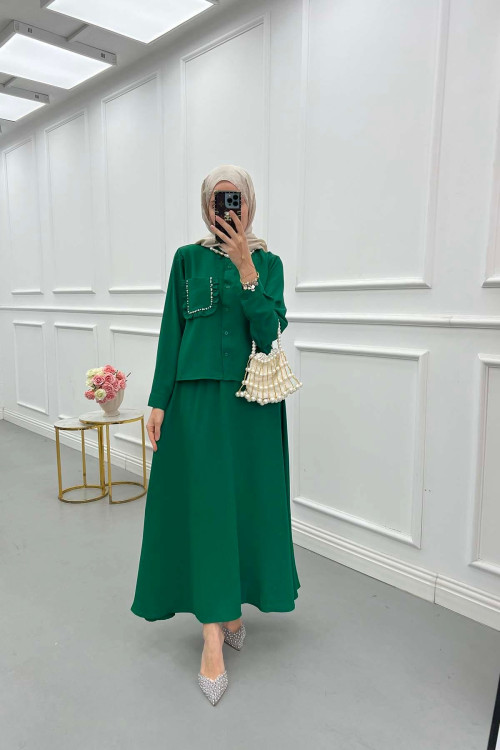 Sare Fashion Pocket Detailed Skirt Suit Green