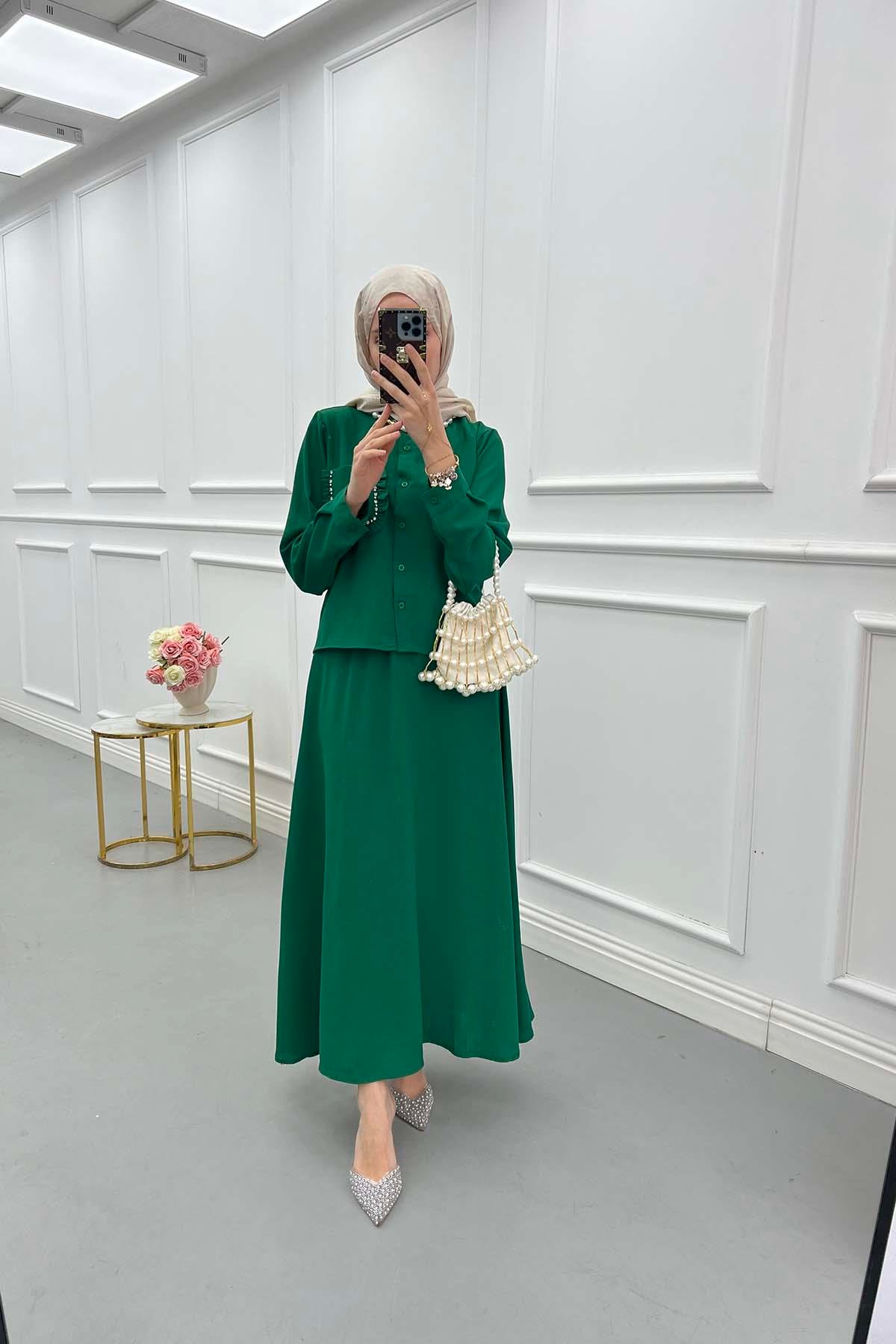 Sare Fashion Pocket Detailed Skirt Suit Green