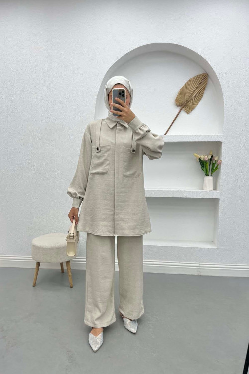 Pocket Detailed Shirt Set Stone