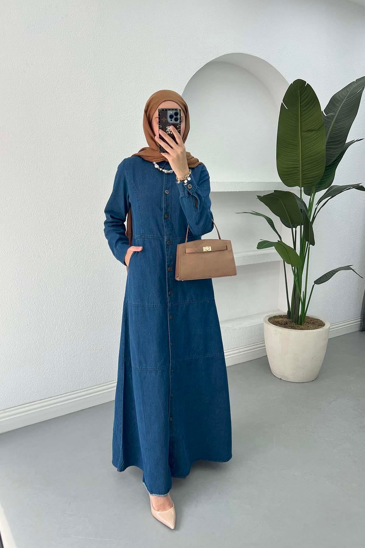 Sare Fashion Denim Dress with Pocket Detail Navy Blue