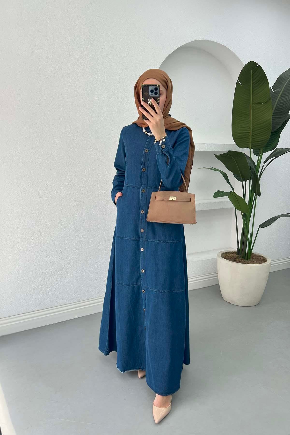 Sare Fashion Denim Dress with Pocket Detail Navy Blue