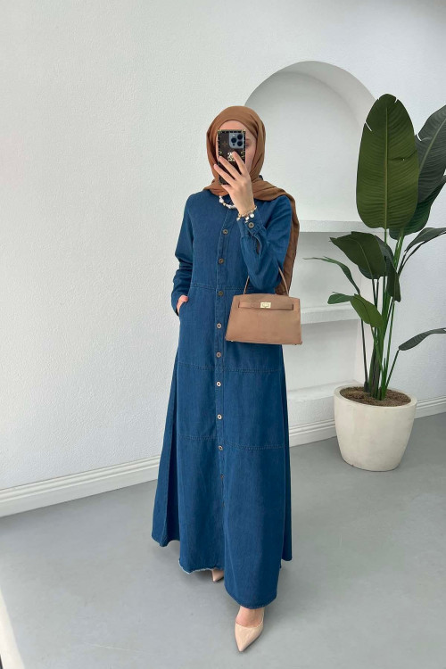 Sare Fashion Denim Dress with Pocket Detail Navy Blue