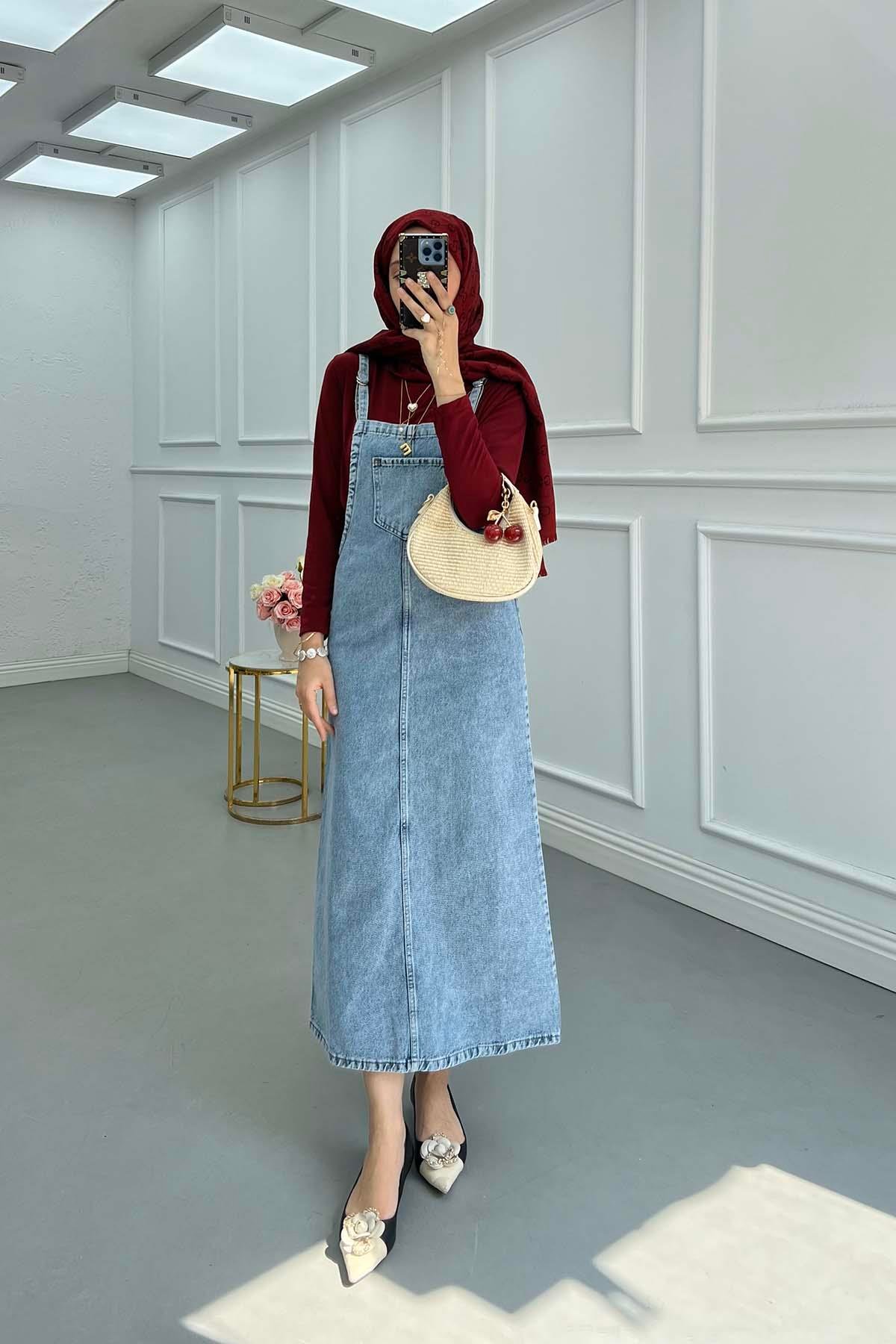 Sare Fashion Denim Vest Dress with Pocket Detail Blue