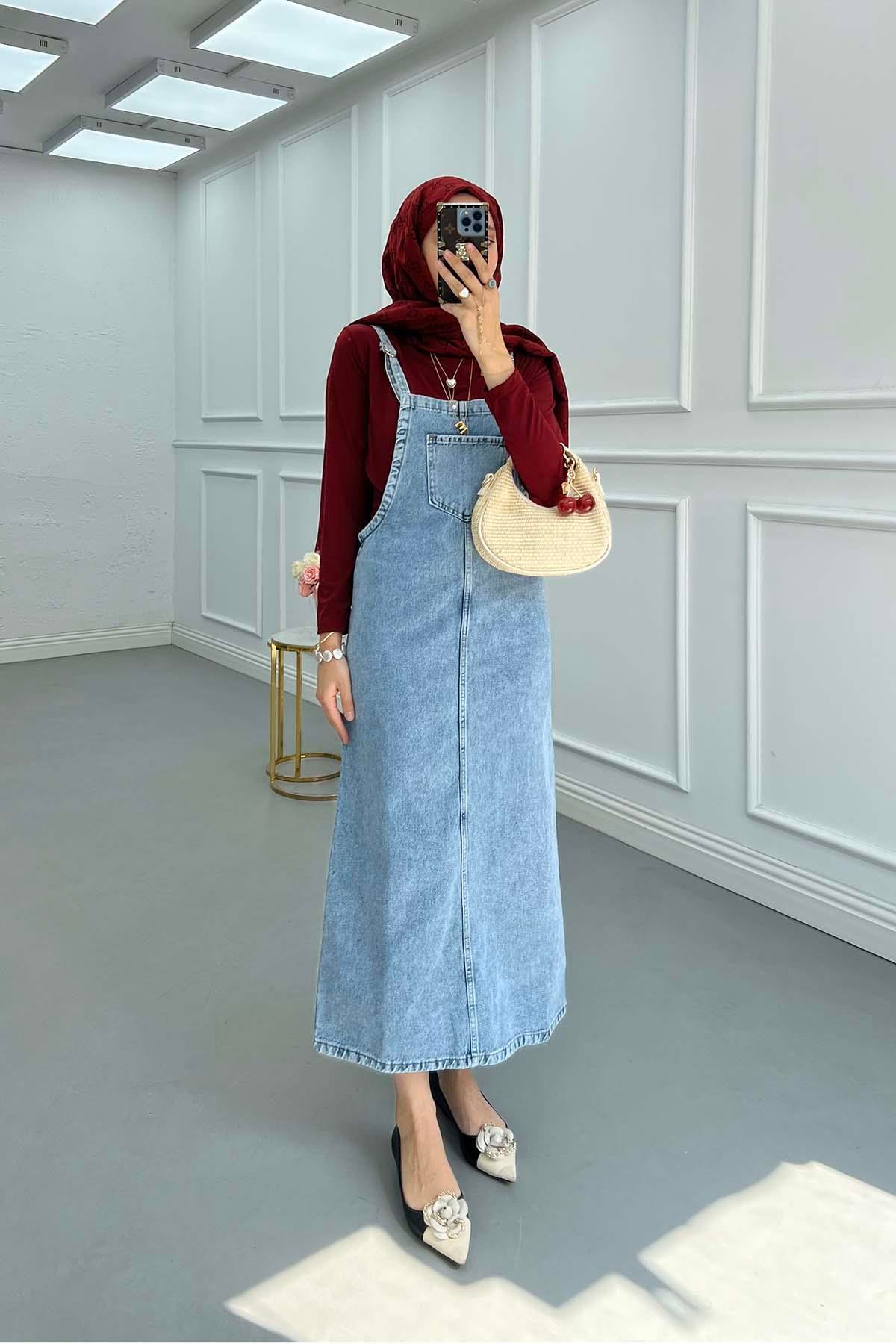 Sare Fashion Denim Vest Dress with Pocket Detail Blue