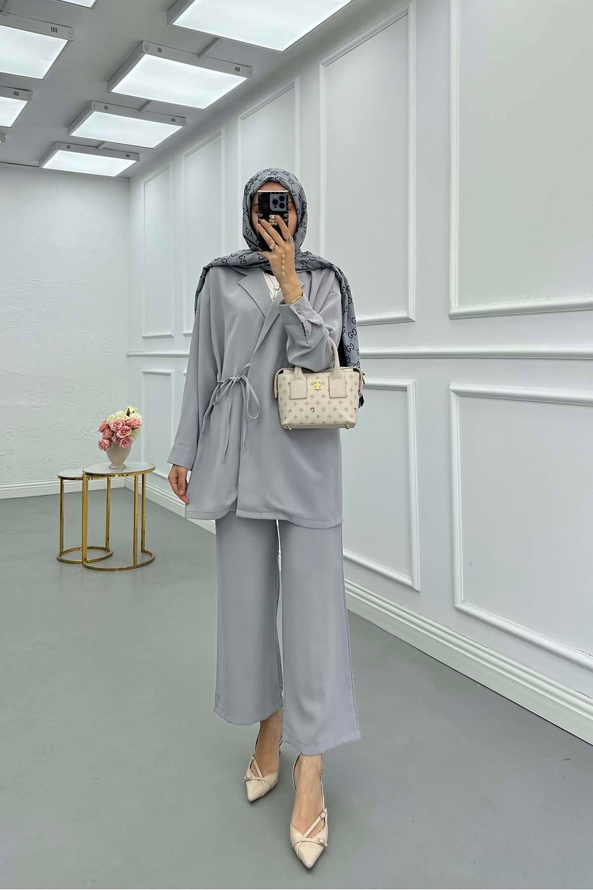 Sare Fashion Pocket Detailed Front Tie Two Piece Suit Gray