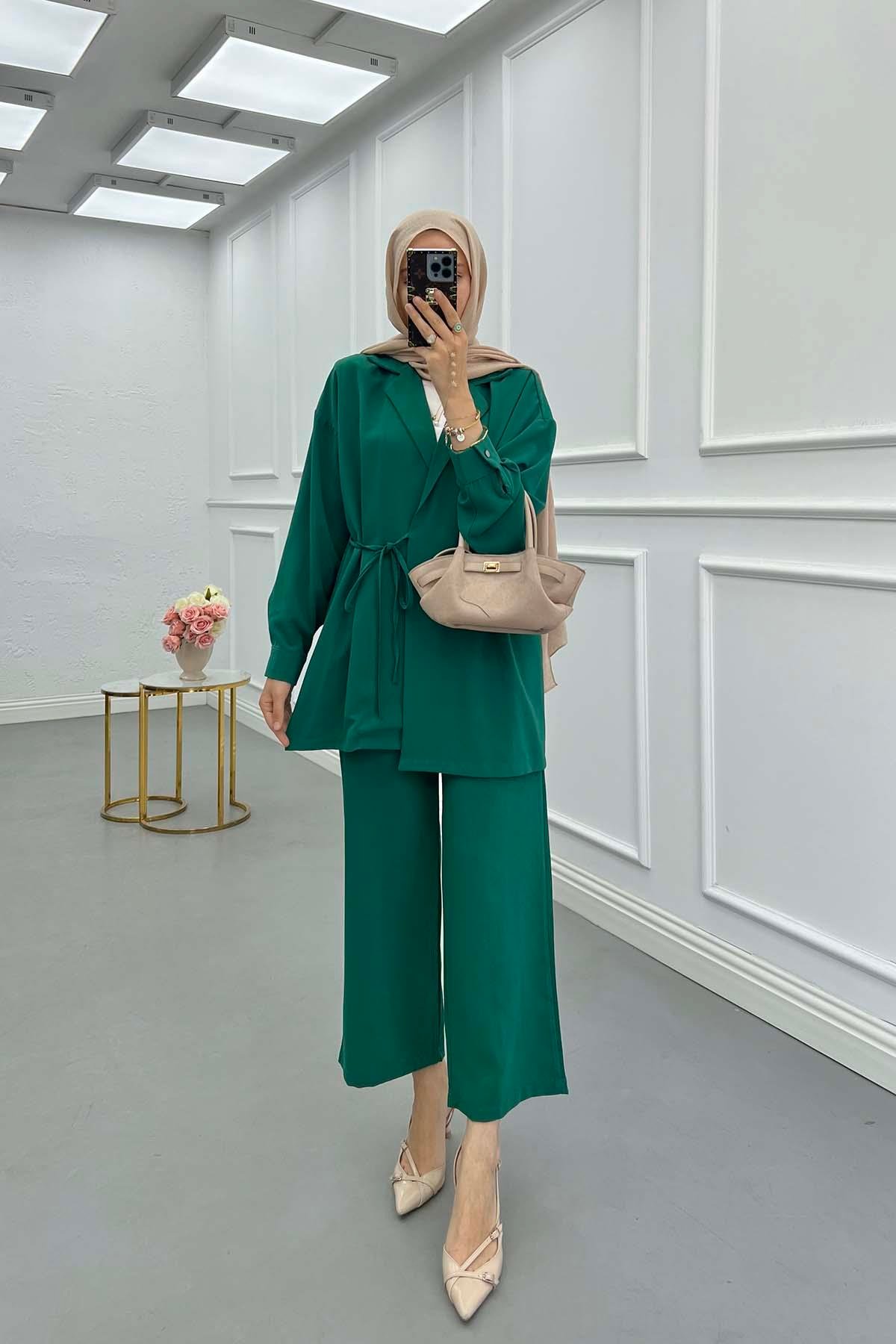 Sare Fashion Pocket Detailed Front Tie Two Piece Suit Benetton Green