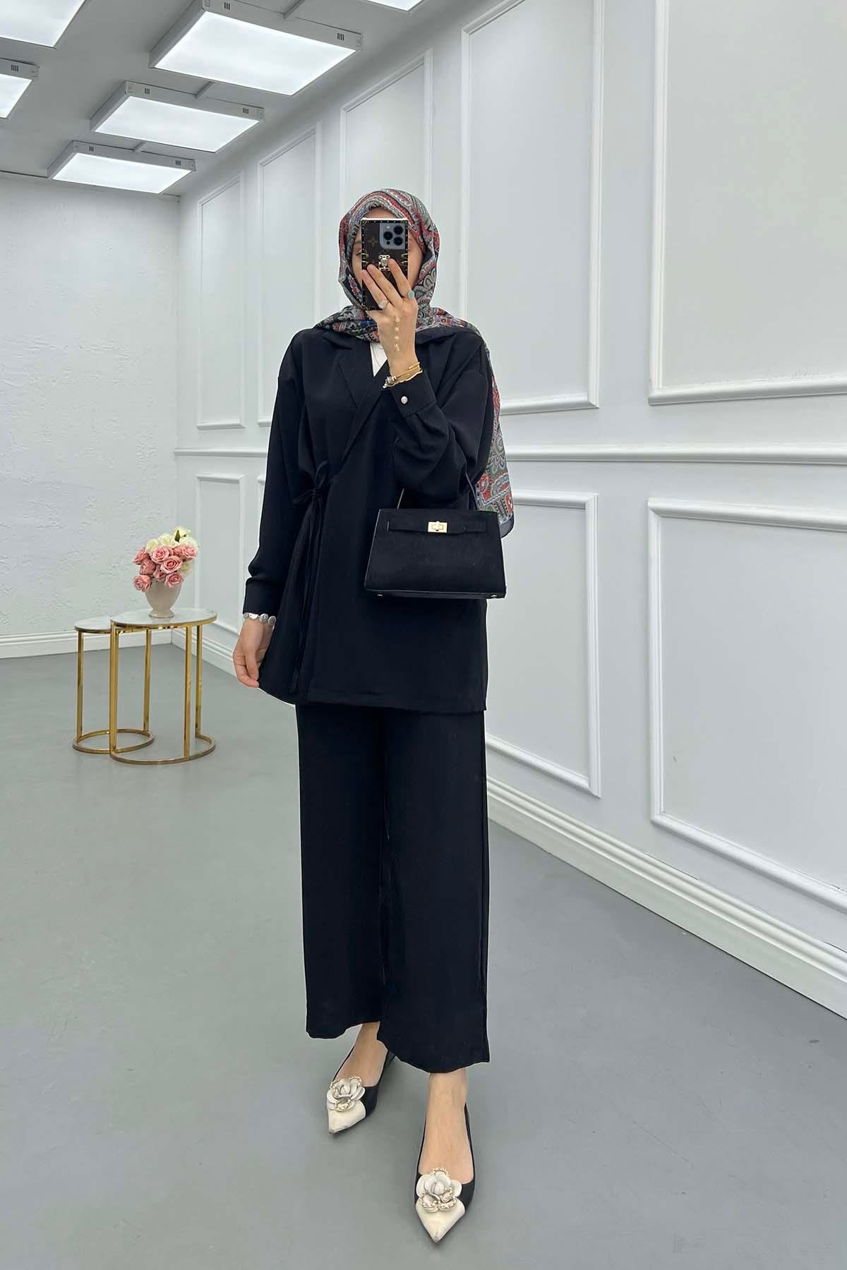 Sare Fashion Pocket Detailed Front Tie Two Piece Suit Black