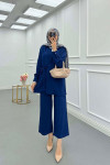Sare Fashion Pocket Detailed Front Tie Two Piece Suit Navy Blue