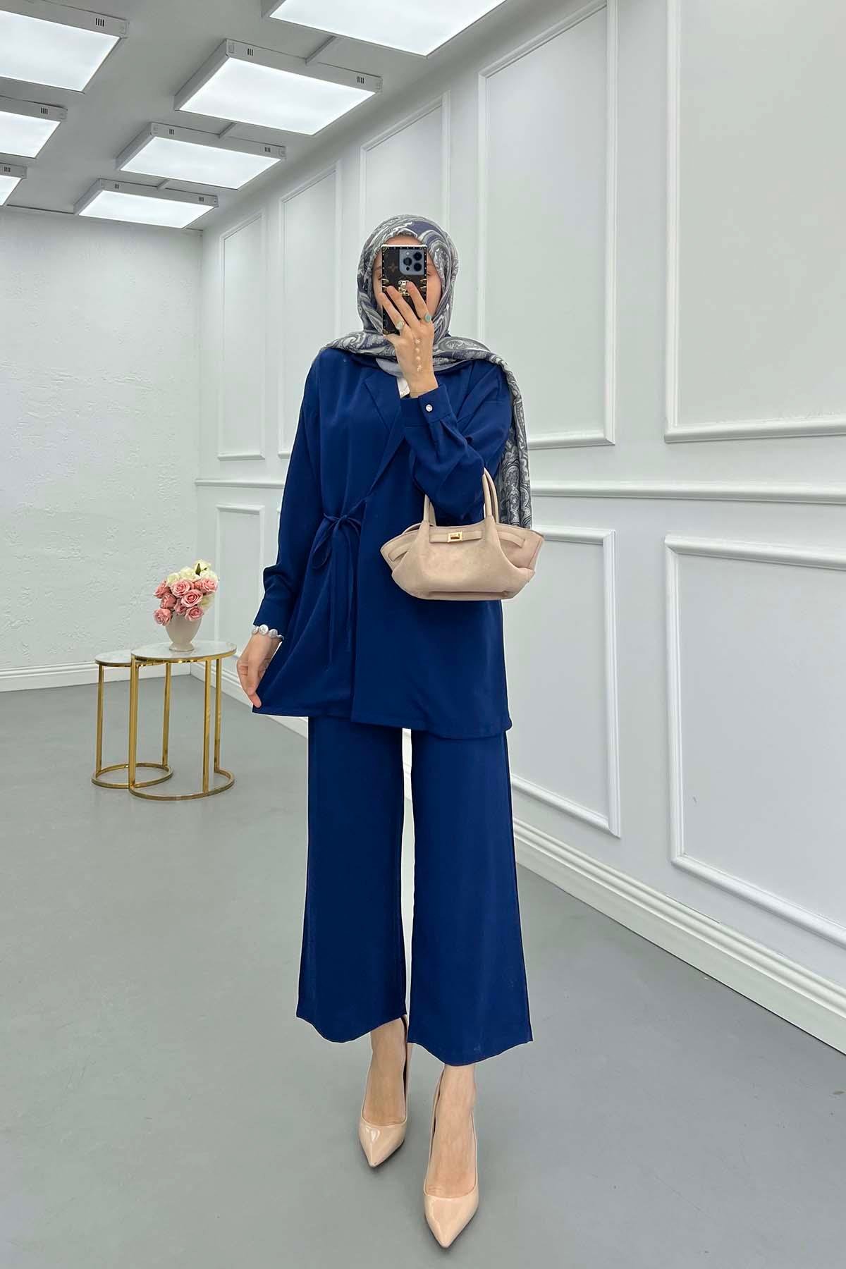 Sare Fashion Pocket Detailed Front Tie Two Piece Suit Navy Blue