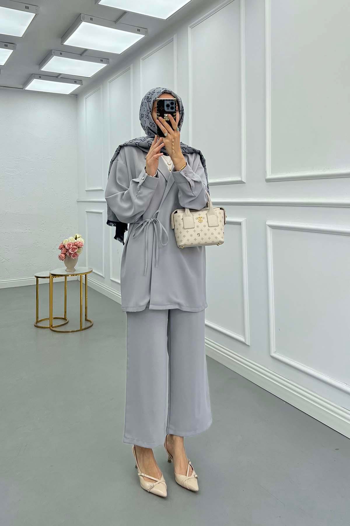Sare Fashion Pocket Detailed Front Tie Two Piece Suit Gray