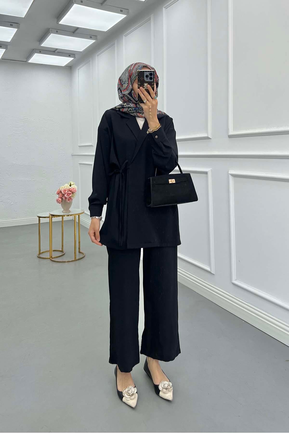Sare Fashion Pocket Detailed Front Tie Two Piece Suit Black