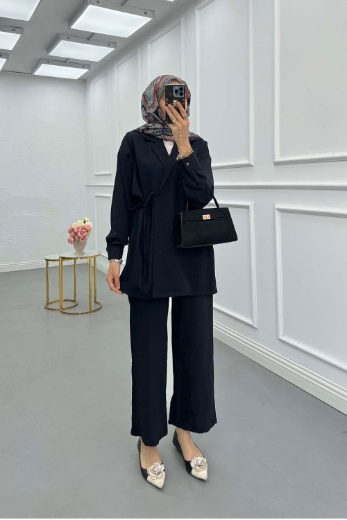 Sare Fashion Pocket Detailed Front Tie Two Piece Suit Black