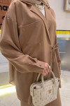 Sare Fashion Pocket Detailed Front Tie Two Piece Set Camel