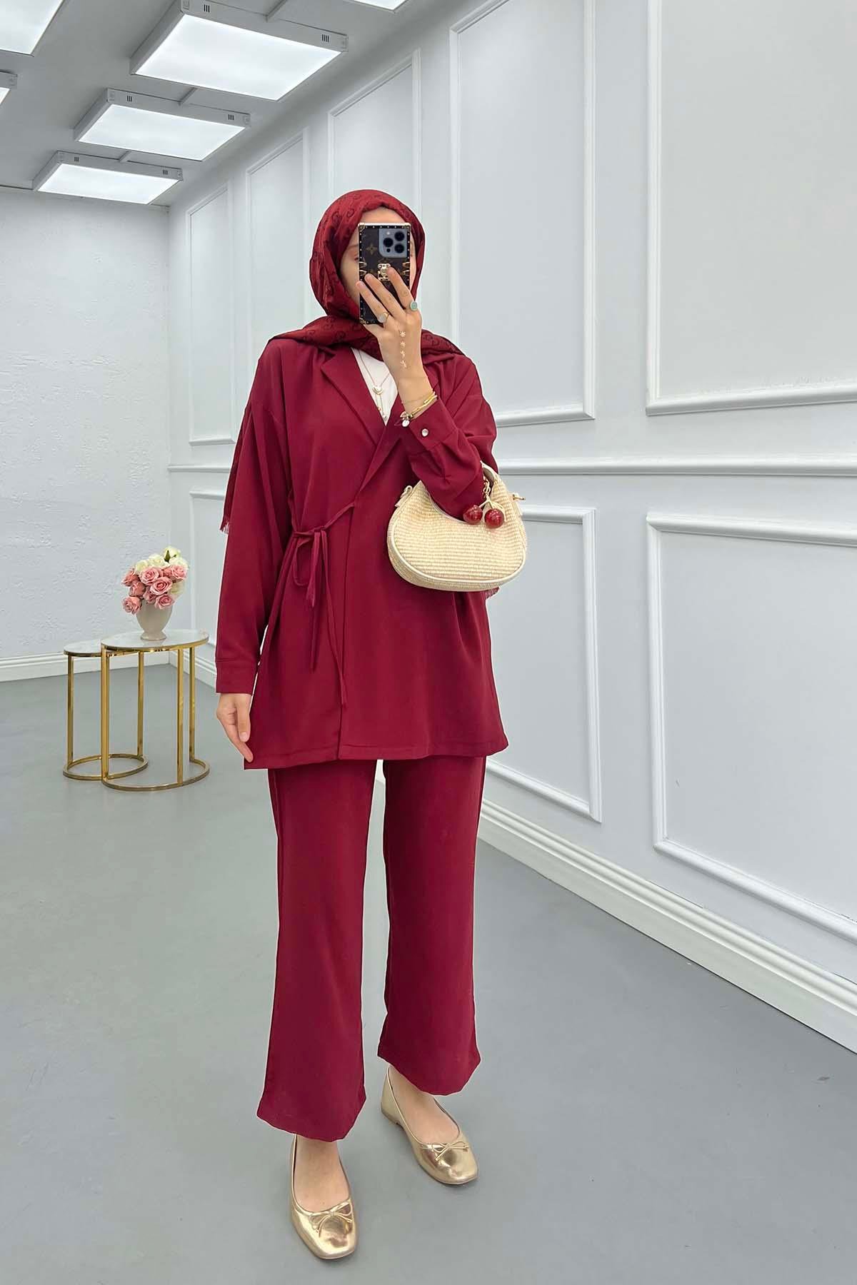 Sare Fashion Pocket Detailed Front Tie Two Piece Suit Claret Red