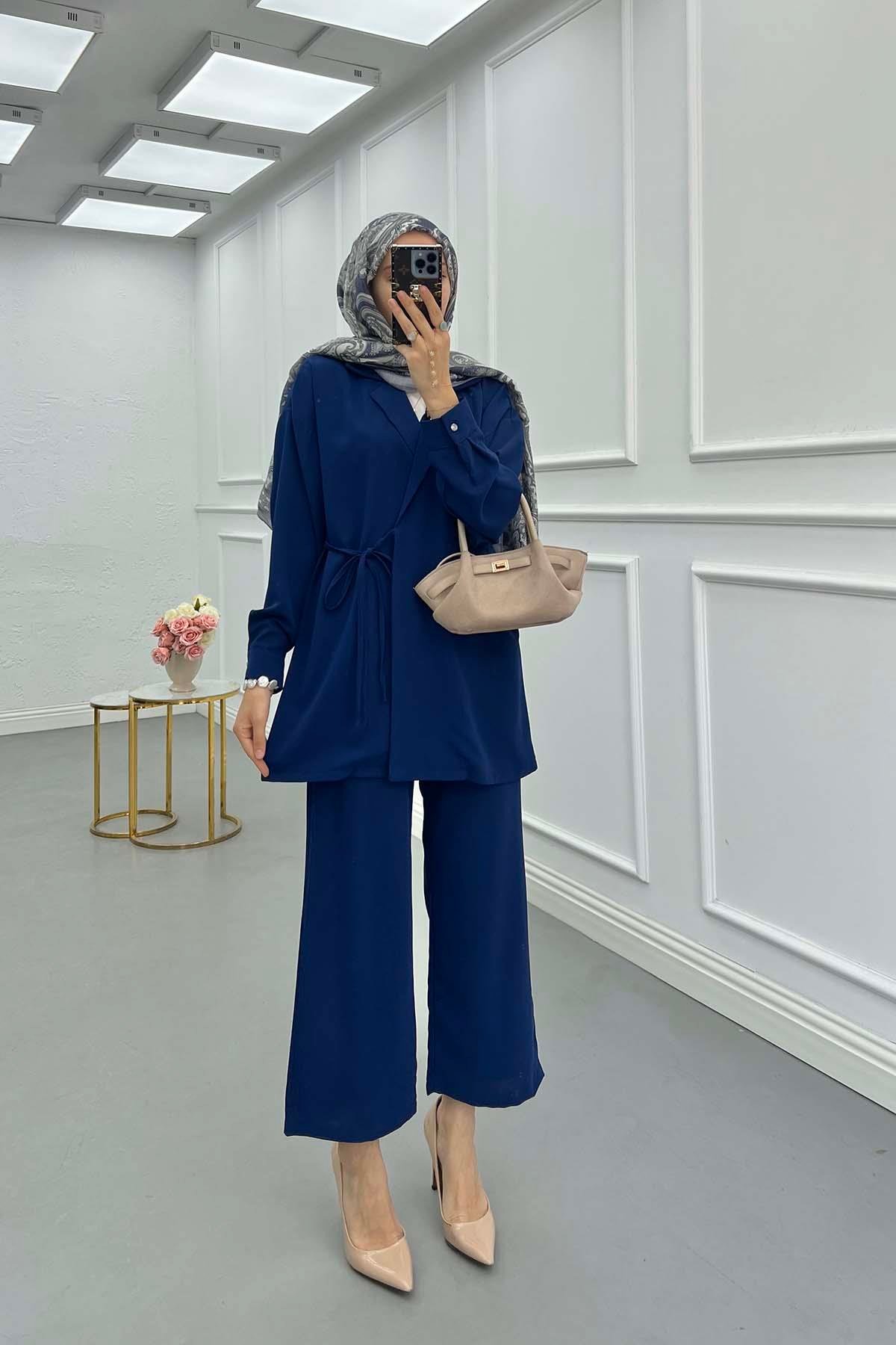 Sare Fashion Pocket Detailed Front Tie Two Piece Suit Navy Blue