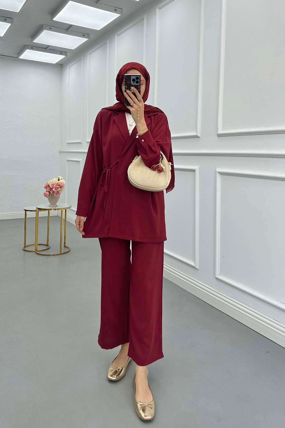 Sare Fashion Pocket Detailed Front Tie Two Piece Suit Claret Red