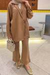 Sare Fashion Pocket Detailed Front Tie Two Piece Set Camel
