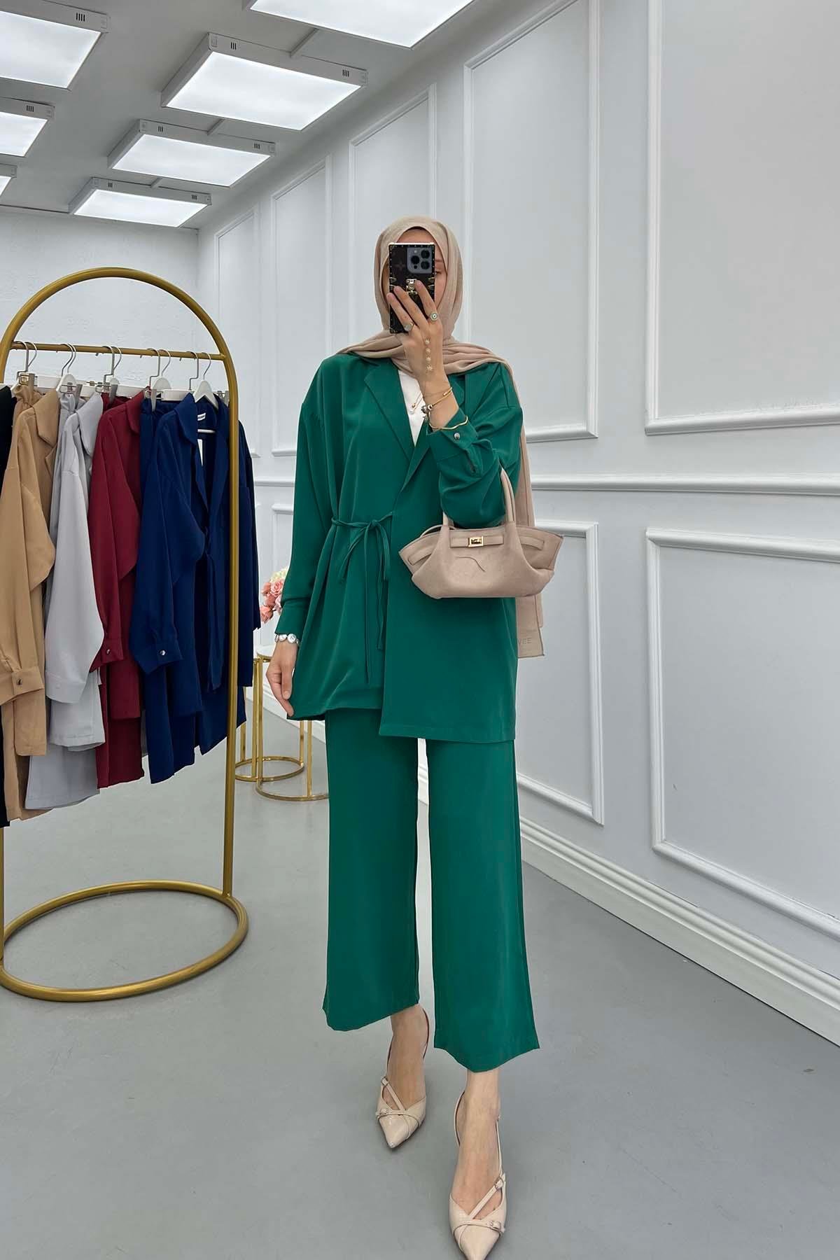 Sare Fashion Pocket Detailed Front Tie Two Piece Suit Benetton Green