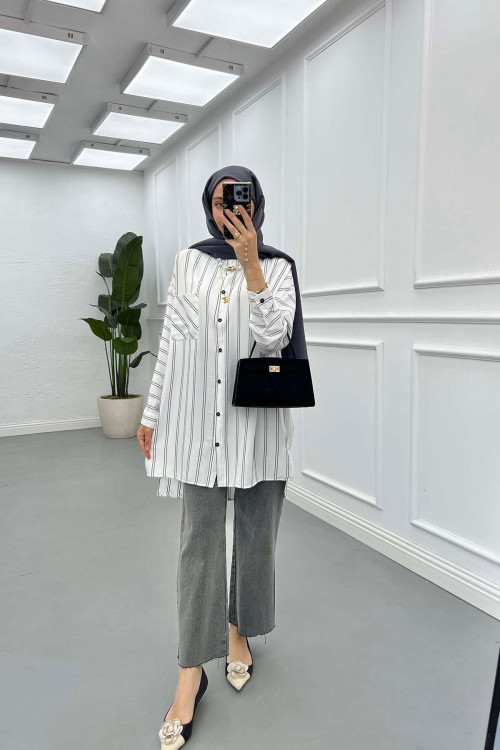 Sare Fashion Oversize Striped Shirt with Pocket Detail White