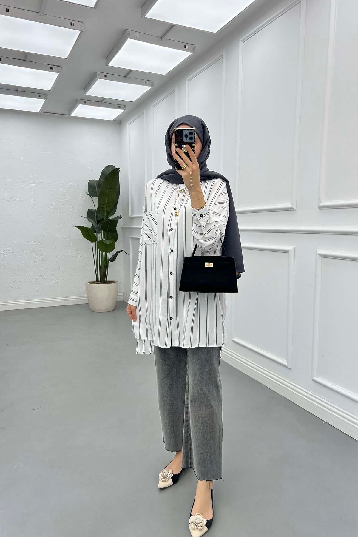 Sare Fashion Oversize Striped Shirt with Pocket Detail White