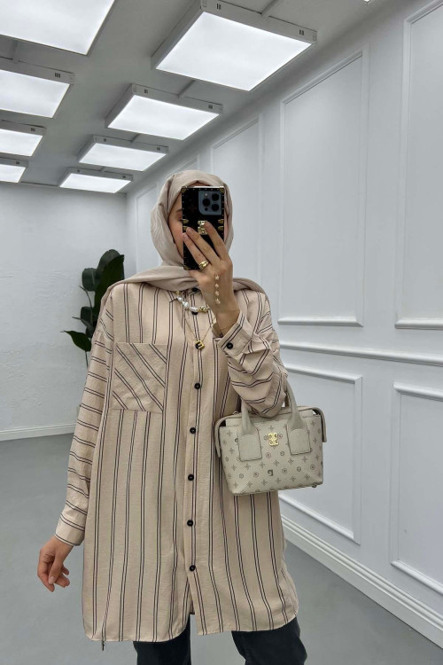 Sare Fashion Oversize Striped Shirt with Pocket Detail Beige
