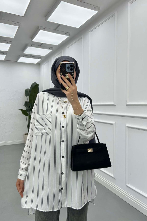Sare Fashion Oversize Striped Shirt with Pocket Detail White