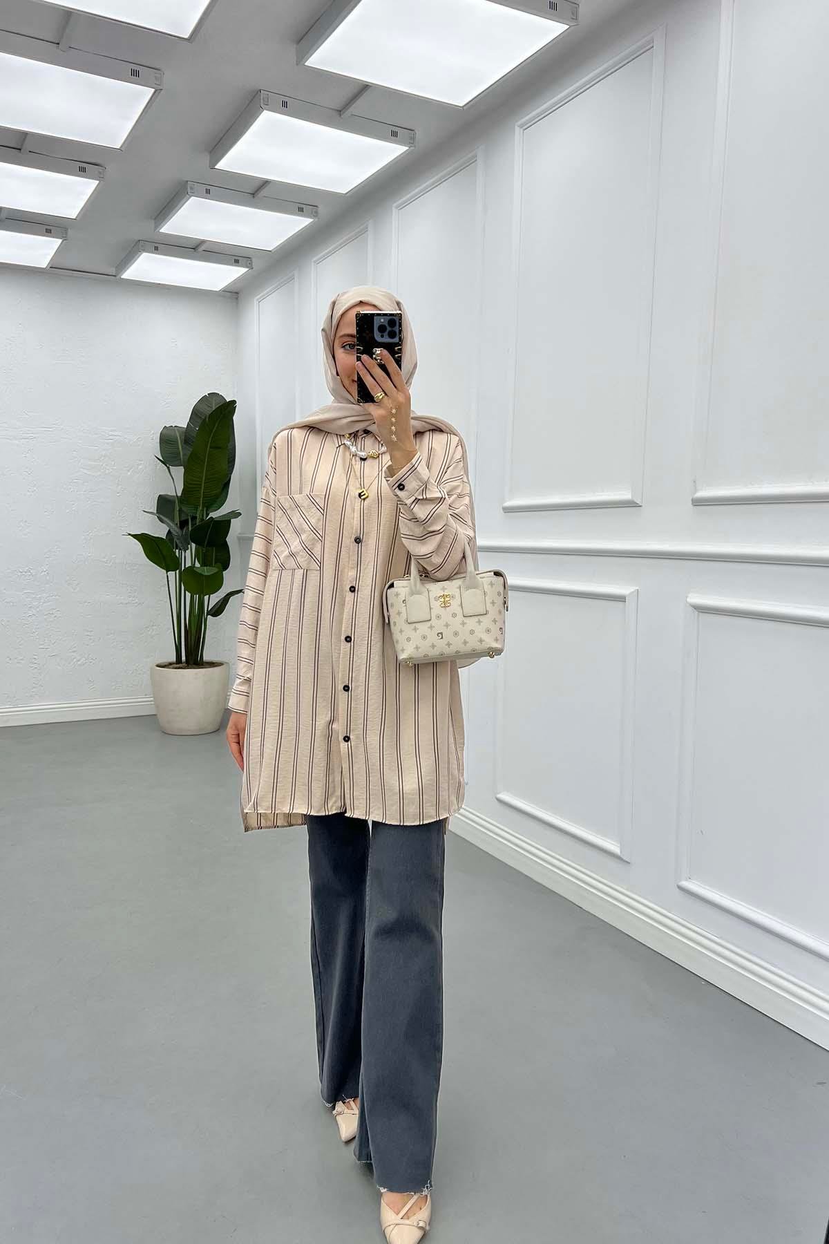 Sare Fashion Oversize Striped Shirt with Pocket Detail Beige