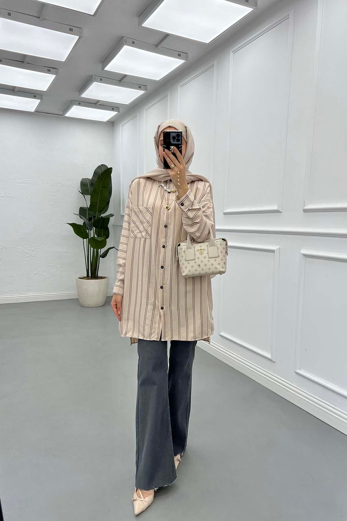 Sare Fashion Oversize Striped Shirt with Pocket Detail Beige