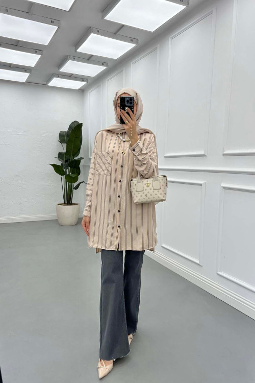 Sare Fashion Oversize Striped Shirt with Pocket Detail Beige