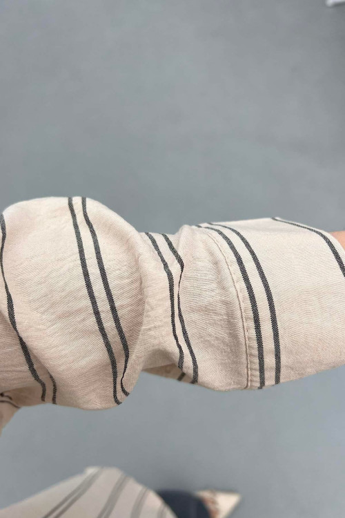 Sare Fashion Oversize Striped Shirt with Pocket Detail Beige