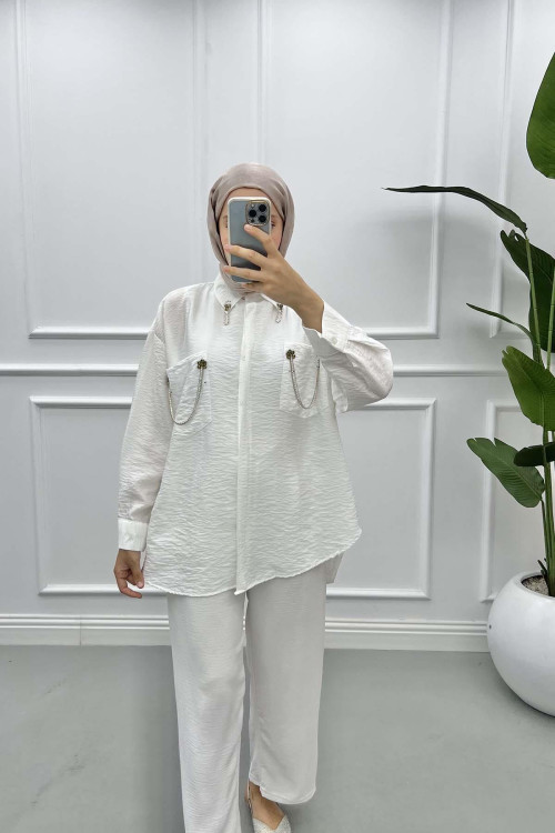 Pocket and Collar Stoned Shirt White