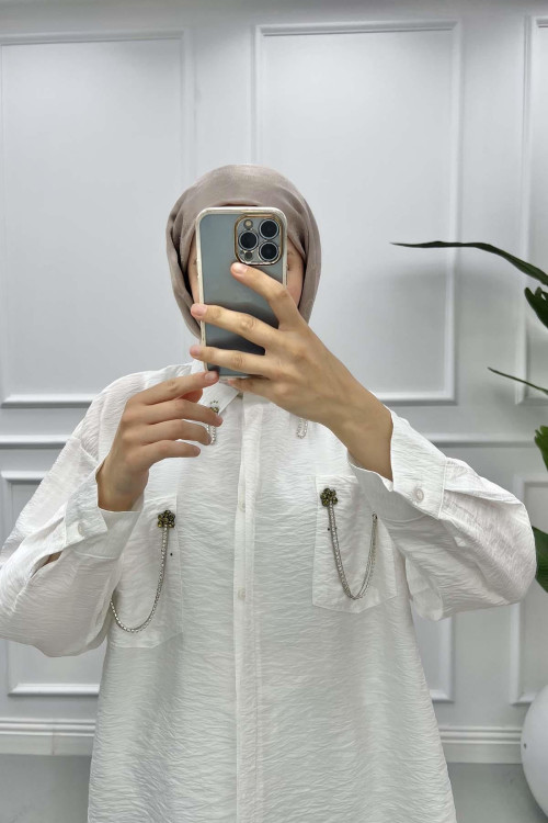 Pocket and Collar Stoned Shirt White