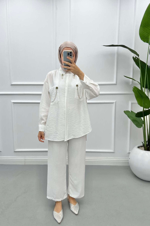 Pocket and Collar Stoned Shirt White