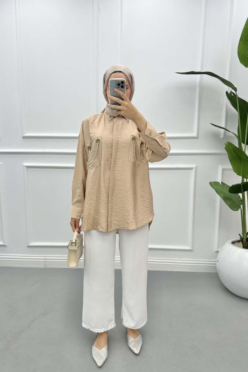 Pocket and Collar Stoned Shirt Camel