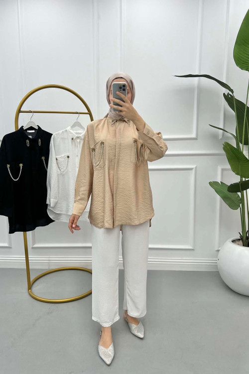 Pocket and Collar Stoned Shirt Camel