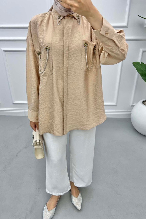 Pocket and Collar Stoned Shirt Camel