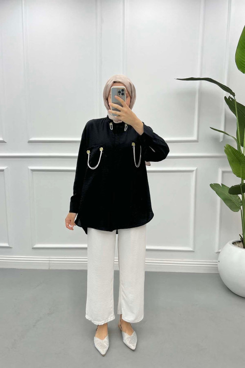 Pocket and Collar Stoned Shirt Black