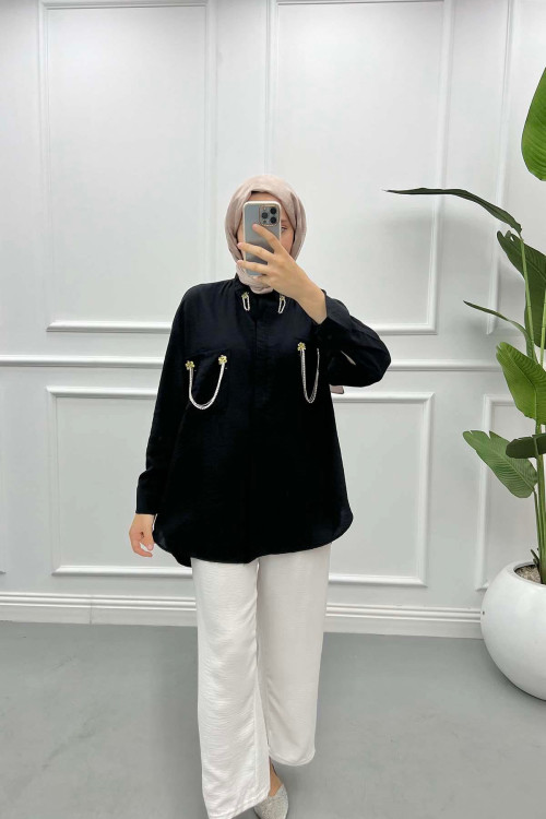 Pocket and Collar Stoned Shirt Black