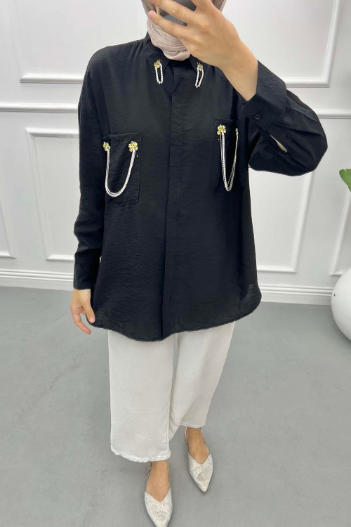Pocket and Collar Stoned Shirt Black