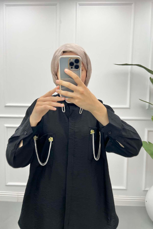 Pocket and Collar Stoned Shirt Black