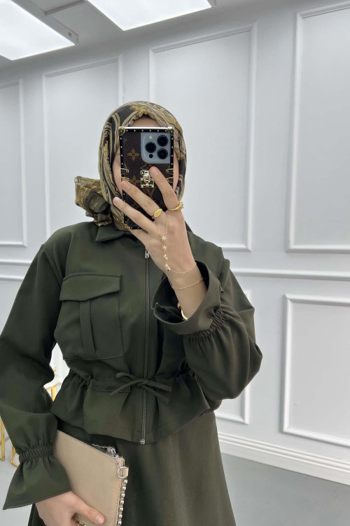 Pocket Pleated Skirt Suit Khaki