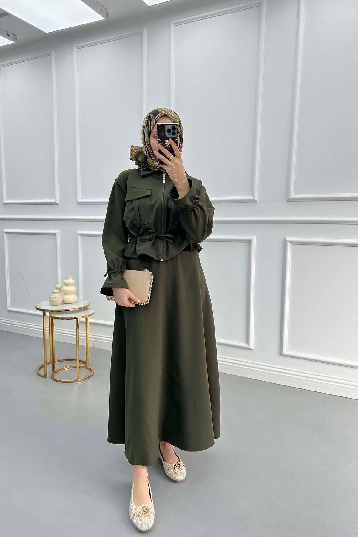 Pocket Pleated Skirt Suit Khaki