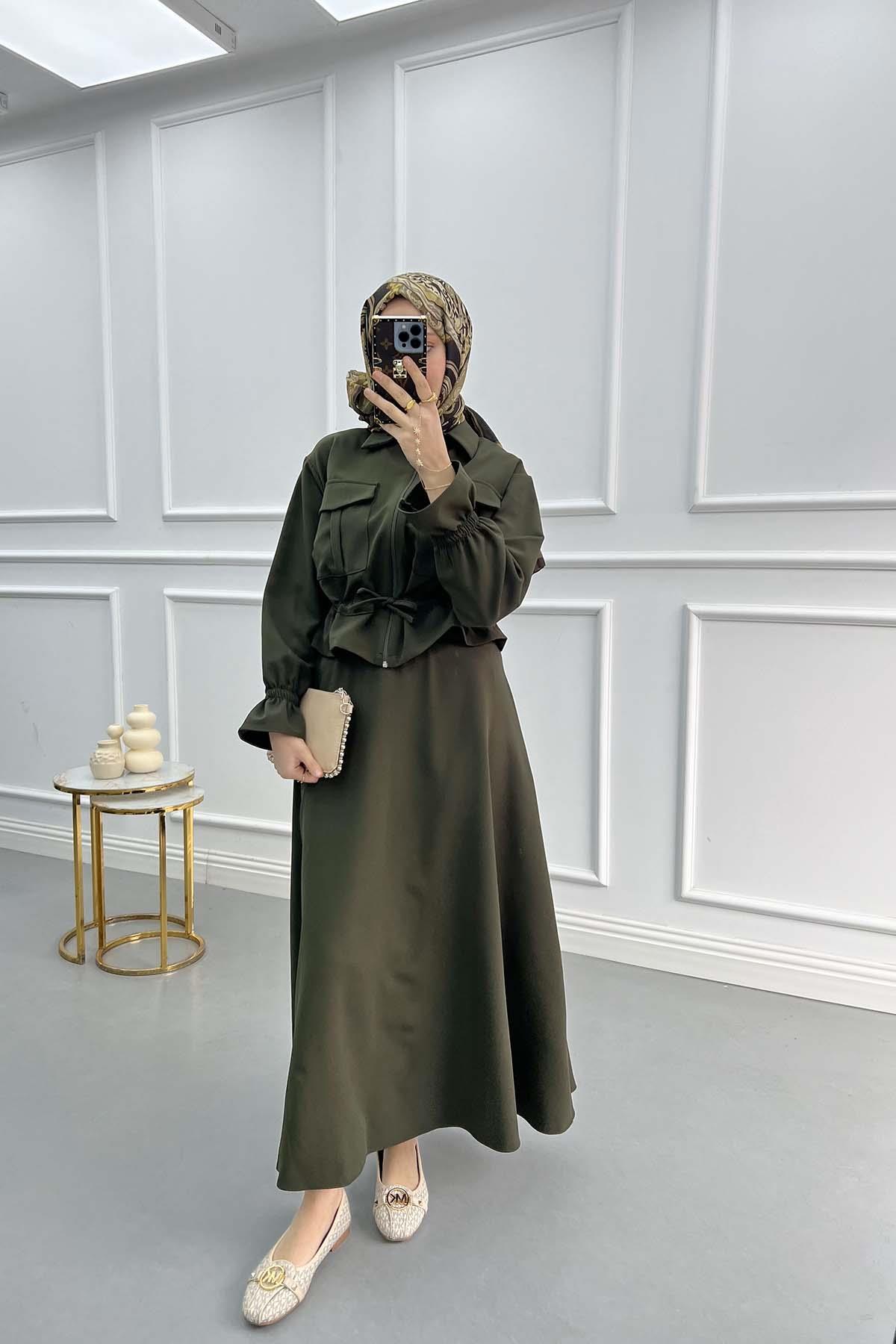 Pocket Pleated Skirt Suit Khaki